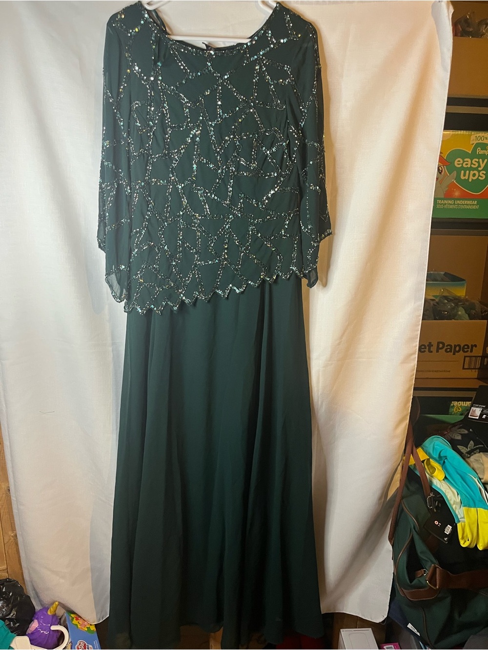 J Kara Dark Green Beaded Long-Sleeve Evening Gown
